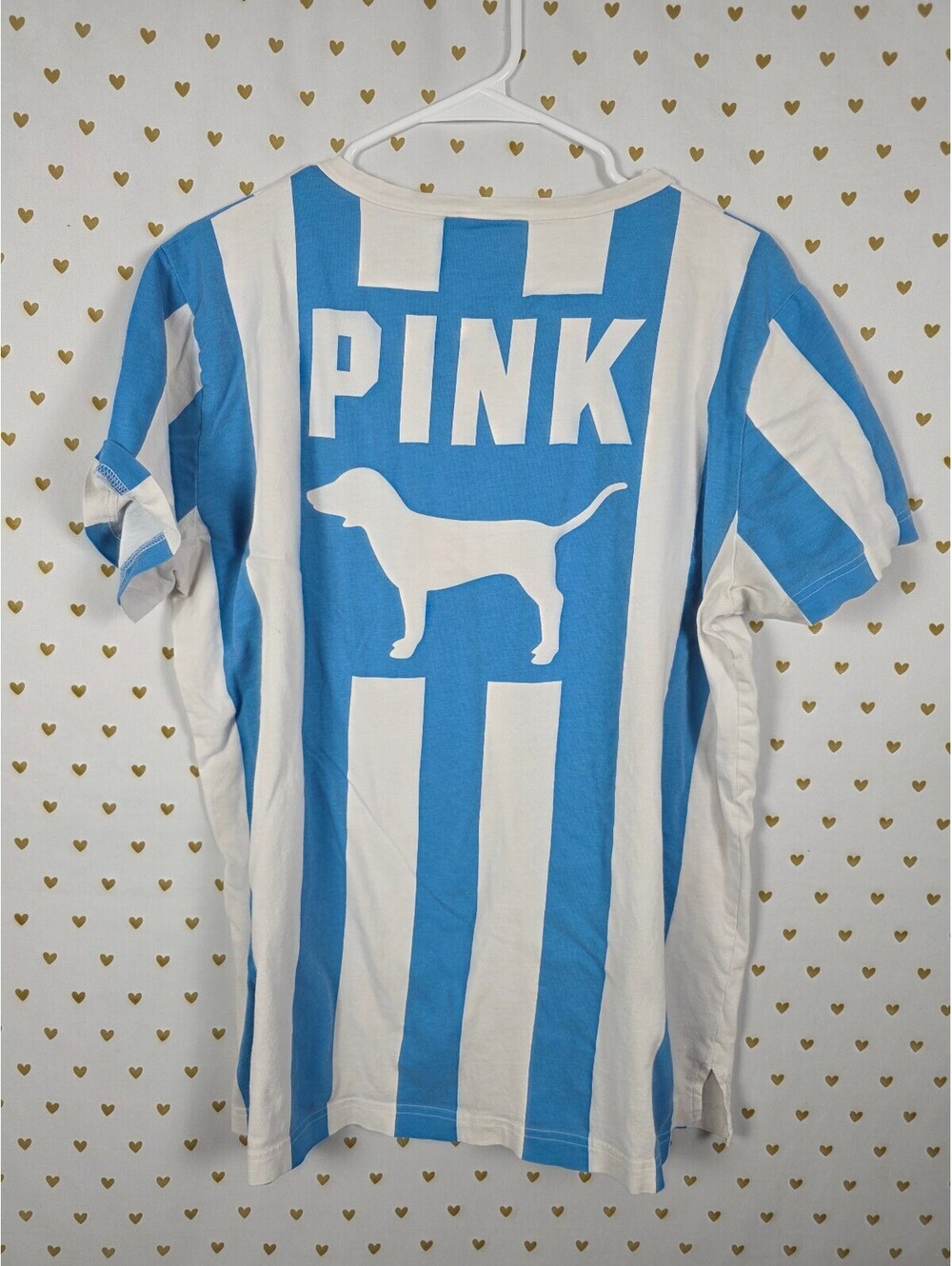 Vintage Victoria's Secret PINK Blue White Stripe Lace Up Dog Tee Shirt Large
